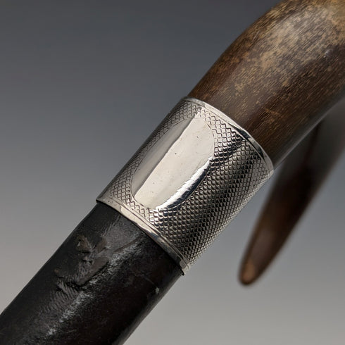 1907 British Antique Men's Cane Horn Handle Sterling Silver Decoration Black Shaft 88cm